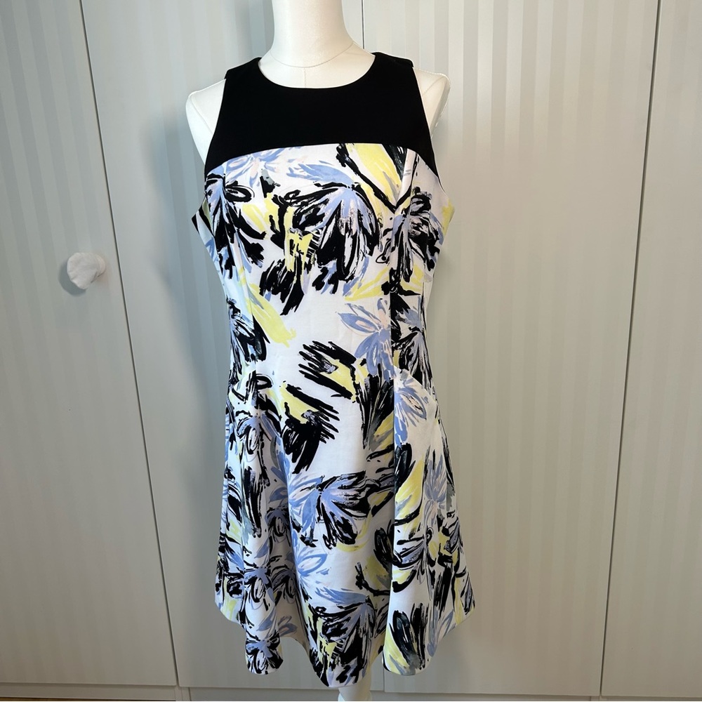 CHAPS black white yellow sleeveless flare dress pockets comfy stretch Size 14